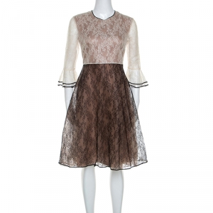 Pre Owned Valentino Bicolor Lace Tulip Sleeve Dress M