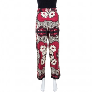 Pre Owned Valentino Maroon Floral Print Silk Wide Leg Pants L