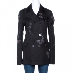Valentino Black Butterfly Appliqued Cotton Double Breasted Coat M