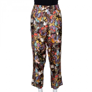 Pre Owned Valentino Multicolor Butterfly Printed Silk Elasticised Waist Pants M