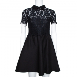 Valentino Black Lace & Wool Collared A-Line Dress M 