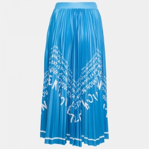 Pre Owned Valentino Blue Plisse Chevron Logo Print Midi Skirt S