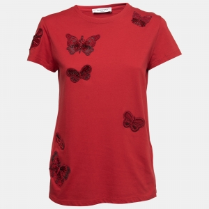 Pre Owned Valentino Red Jersey Butterfly Appliqué T-Shirt S