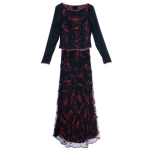 Pre Owned Valentino Black/Red Embellished Top And Skirt Set M