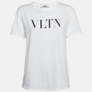 Pre Owned Valentino White VLTN Printed Cotton T-Shirt XS