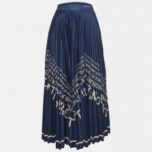 Pre Owned Valentino Navy Blue Logo Print Jersey Plisse Midi Skirt M