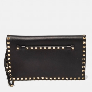 Pre Owned Valentino Black Leather Rockstud Wristlet Clutch