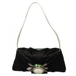 Pre Owned Valentino Black Satin Tortoise Embellished Shoulder Bag