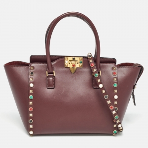 Valentino Burgundy Leather Medium Rockstud Trapeze Tote