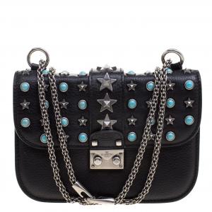 Pre Owned Valentino Black Leather Small Star Rockstud Lock Shoulder Bag