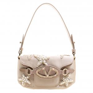 Pre Owned Valentino Beige Satin and Croc Embossed Leather Catch Embellished Shoulder Bag