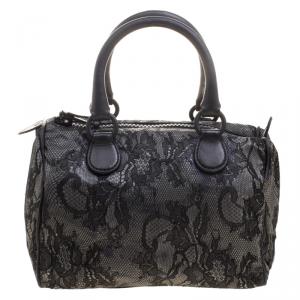 Valentino Black Lace and Leather Small Boston Bag