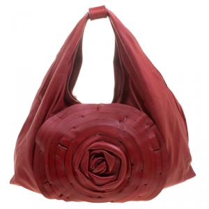 Pre Owned Valentino Red Leather Large Petale Rose Hobo 