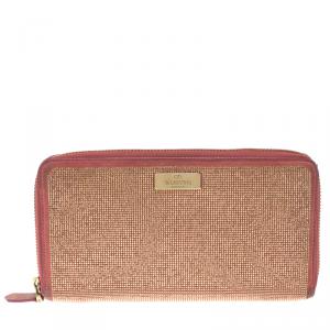Pre Owned Valentino Pink Suede Shimmering Zip Around Continental Wallet 