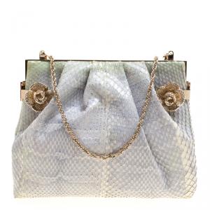 Valentino Grey Python Embellished Flower Lock Evening Bag