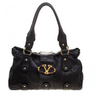 Pre Owned Valentino Black Leather and Crystal Catch Satchel