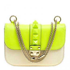 Pre Owned Valentino Neon Green/Light Beige Leather Small Rockstud Glam Lock Shoulder Bag