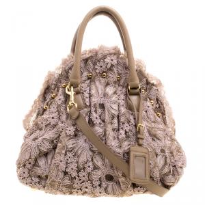 Pre Owned Valentino Pink/Beige Lace and Leather Hobo