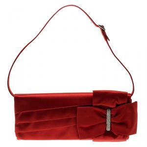 Pre Owned Valentino Red Satin Crystal Embellished Bow Clutch