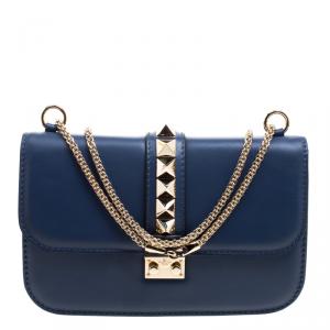 مملوكة مسبقًا Valentino Navy Blue Leather Medium Rockstud Glam Lock Flap Bag
