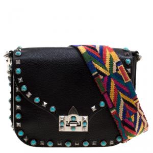 Pre Owned Valentino Black Leather Guitar Rockstud Rolling Crossbody Bag