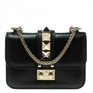 Pre Owned Valentino Black Leather Rockstud Mini Glam Lock Shoulder Bag