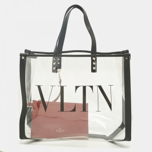 Pre Owned Valentino Black/Red Leather and PVC VLTN Rockstud Tote
