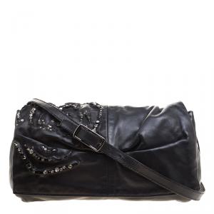 Pre Owned Valentino Black Nappa Leather Crystal Embellished Shoulder Bag