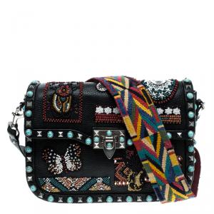Pre Owned Valentino Black Leather Medium Beaded Patch Rolling Rockstud Shoulder Bag	
