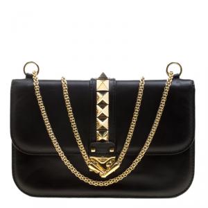 Pre Owned Valentino Black Leather Rockstud Medium Glam Lock Flap Bag