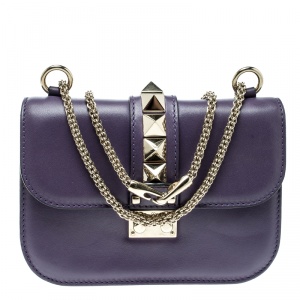 Pre Owned Valentino Purple Leather Rockstud Small Glam Lock Shoulder Bag