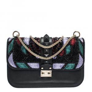 Pre Owned Valentino Black Leather Medium Beads Embellished Glam Lock Shoulder Bag