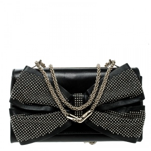 Pre Owned Valentino Black Leather Studded Bow Crossbody Bag