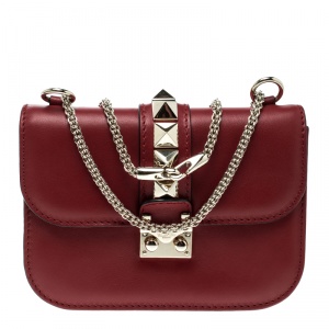 Pre Owned Valentino Red Leather Small Rockstud Glam Lock Shoulder Bag