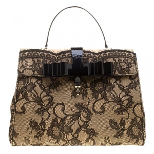 Pre Owned Valentino Beige/Black Raffia and Lace Top Handle Bag