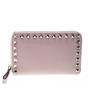 Pre Owned Valentino Pink Leather Rockstud Compact Wallet