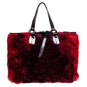 Pre Owned Valentino Burgundy/Red Nylon Petale Rose Tote