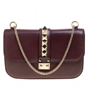 Pre Owned Valentino Burgundy Leather Rockstud Medium Glam Lock Flap Bag