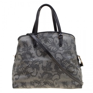 Pre Owned Valentino Grey Lace Print Coated Canvas Satchel