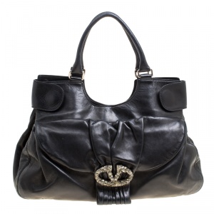 Pre Owned Valentino Black Leather Crystal Embellished Logo Satchel