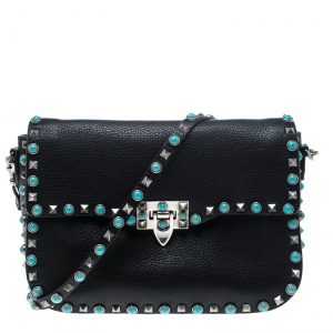 Pre Owned Valentino Black Leather Rockstud Rolling Crossbody Bag