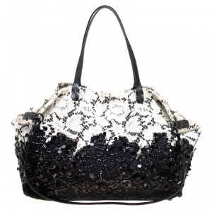 Pre Owned Valentino Black/White Lace/Sequins and Leather Tote
