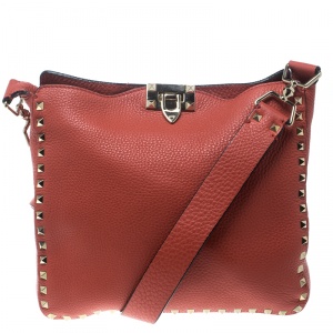 Valentino Coral Red Leather Rockstud Messenger Bag