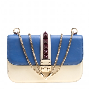 Pre Owned Valentino Tri Color Leather Rockstud Medium Glam Lock Flap Bag