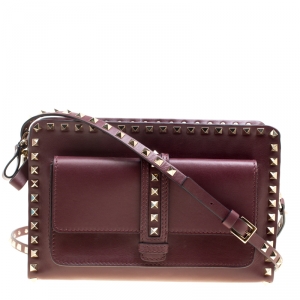 Pre Owned Valentino Burgundy Leather Rockstud Crossbody Bag