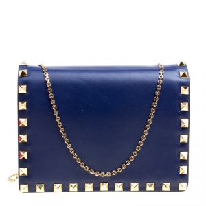 Pre Owned Valentino Blue Leather Rockstud Chain Shoulder Bag