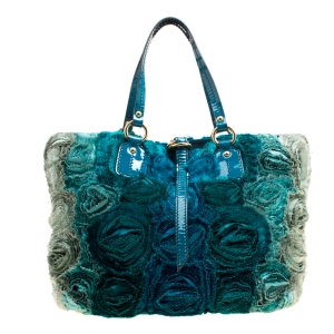 Pre Owned Valentino Blue Silk and Patent Leather Organza Rosier Tote