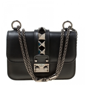 Pre Owned Valentino Black Leather Small Rockstud Glam Lock Shoulder Bag