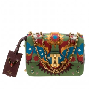Pre Owned Valentino Green/Multicolor Print Leather Micro B Rockstud Shoulder Bag