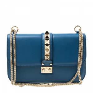 Pre Owned Valentino Blue Leather Rockstud Medium Glam Lock Flap Bag